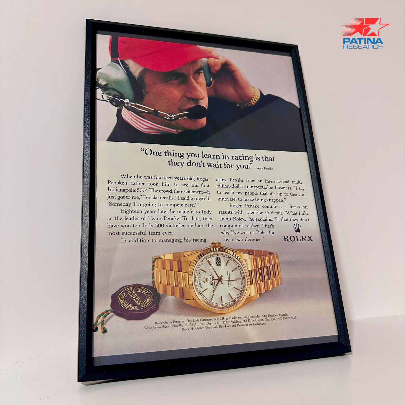 Rolex learn in racing framed ad