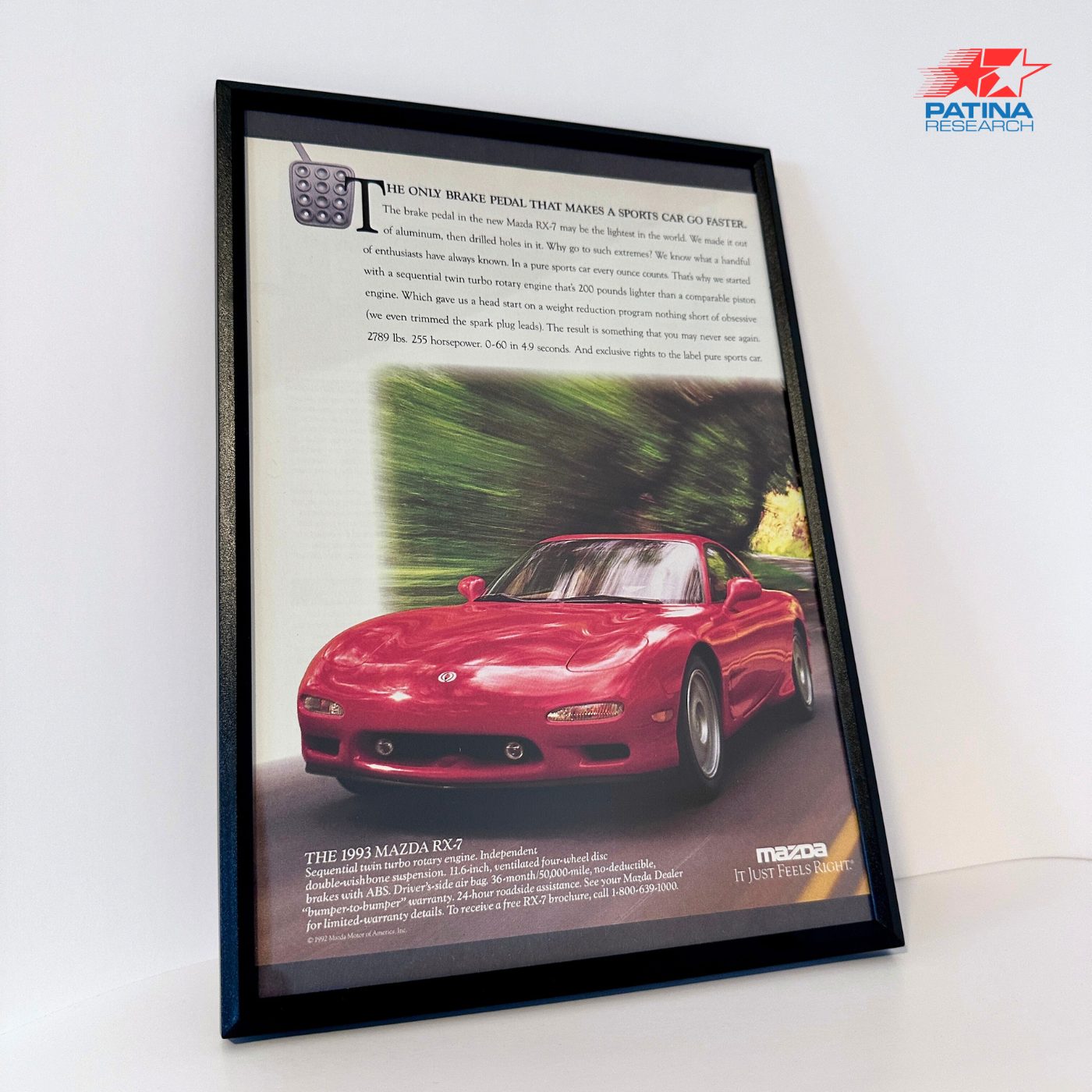 MAZDA RX-7 The only brake pedal that makes a sports car go faster. framed ad